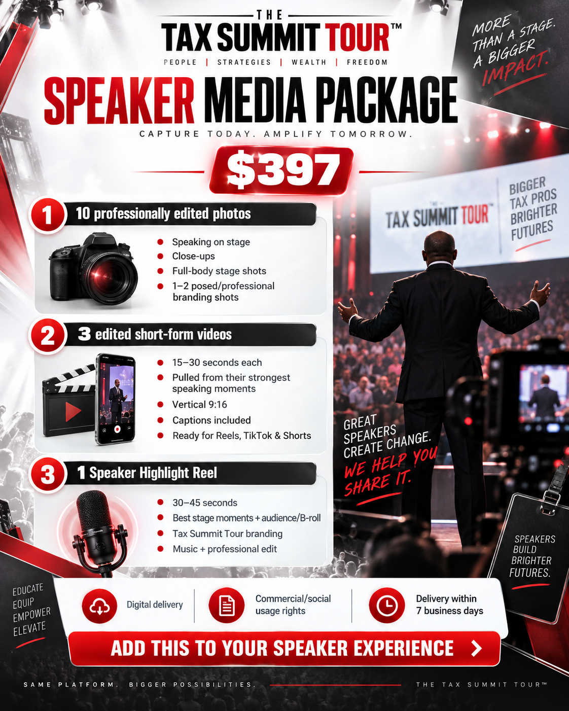 The Tax Summit Tour Speaker Media Package — $397: 10 edited photos, 3 short-form videos, and 1 speaker highlight reel
